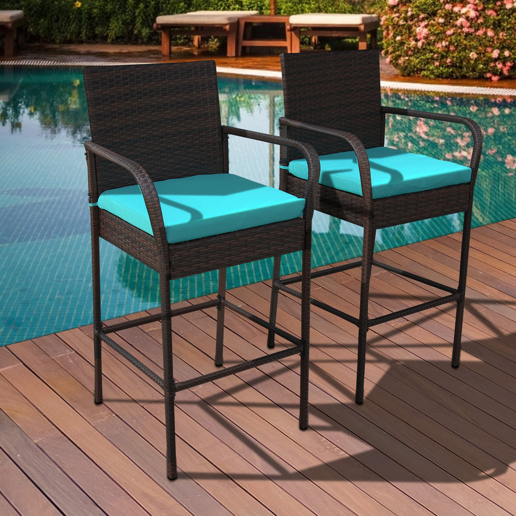 RattanStar Patio PE Rattan Barstool with Cushions - Outdoor Espresso Brown Wicker High Chair Furniture, Set of 2