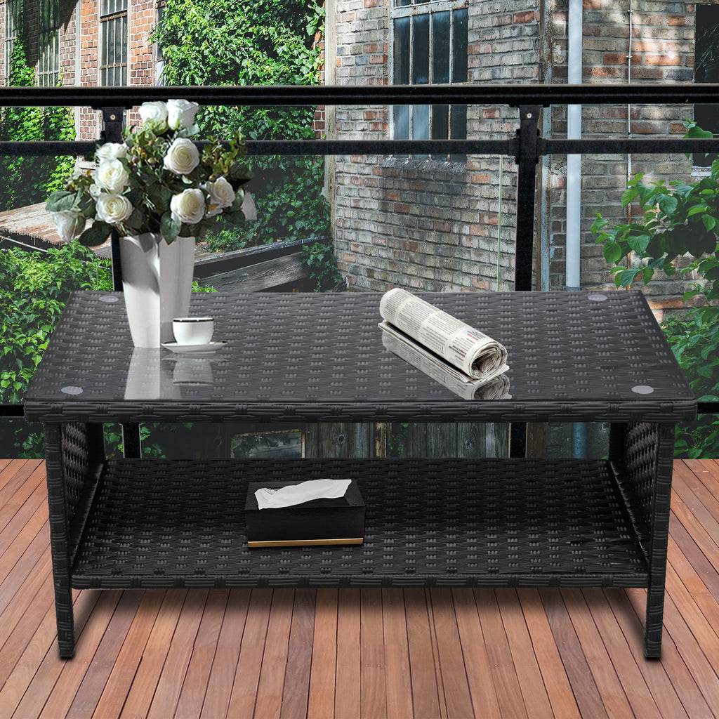 RattanStar PE Wicker Coffee Table - Outdoor Patio Garden Rattan 2-Layer Table Furniture with Storage, Black